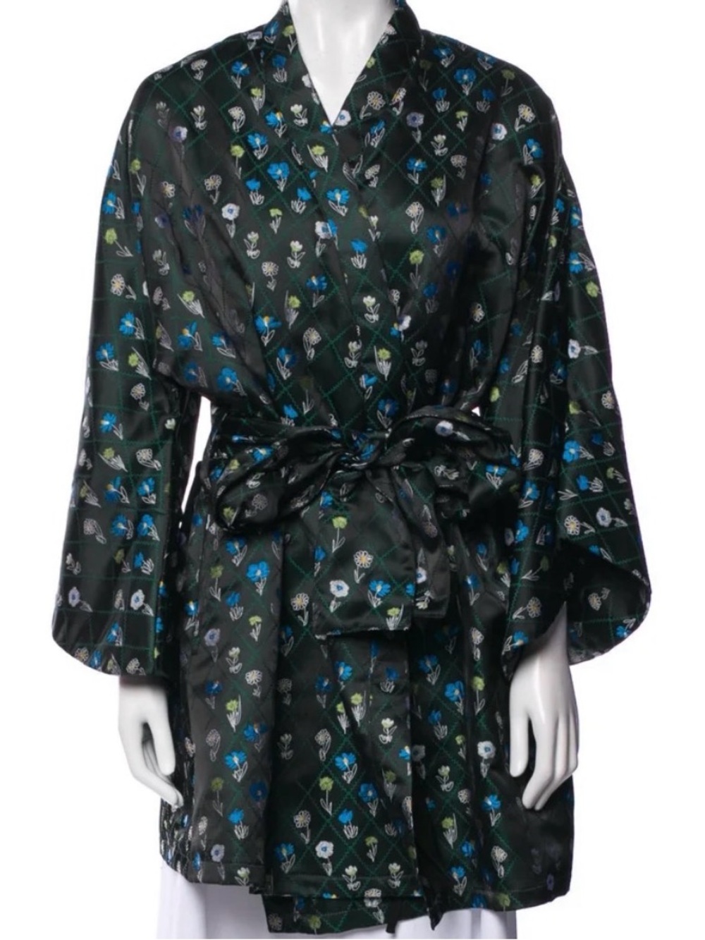 La Vie Style House Embroidered Mini Wrap Tie Dress Green Floral